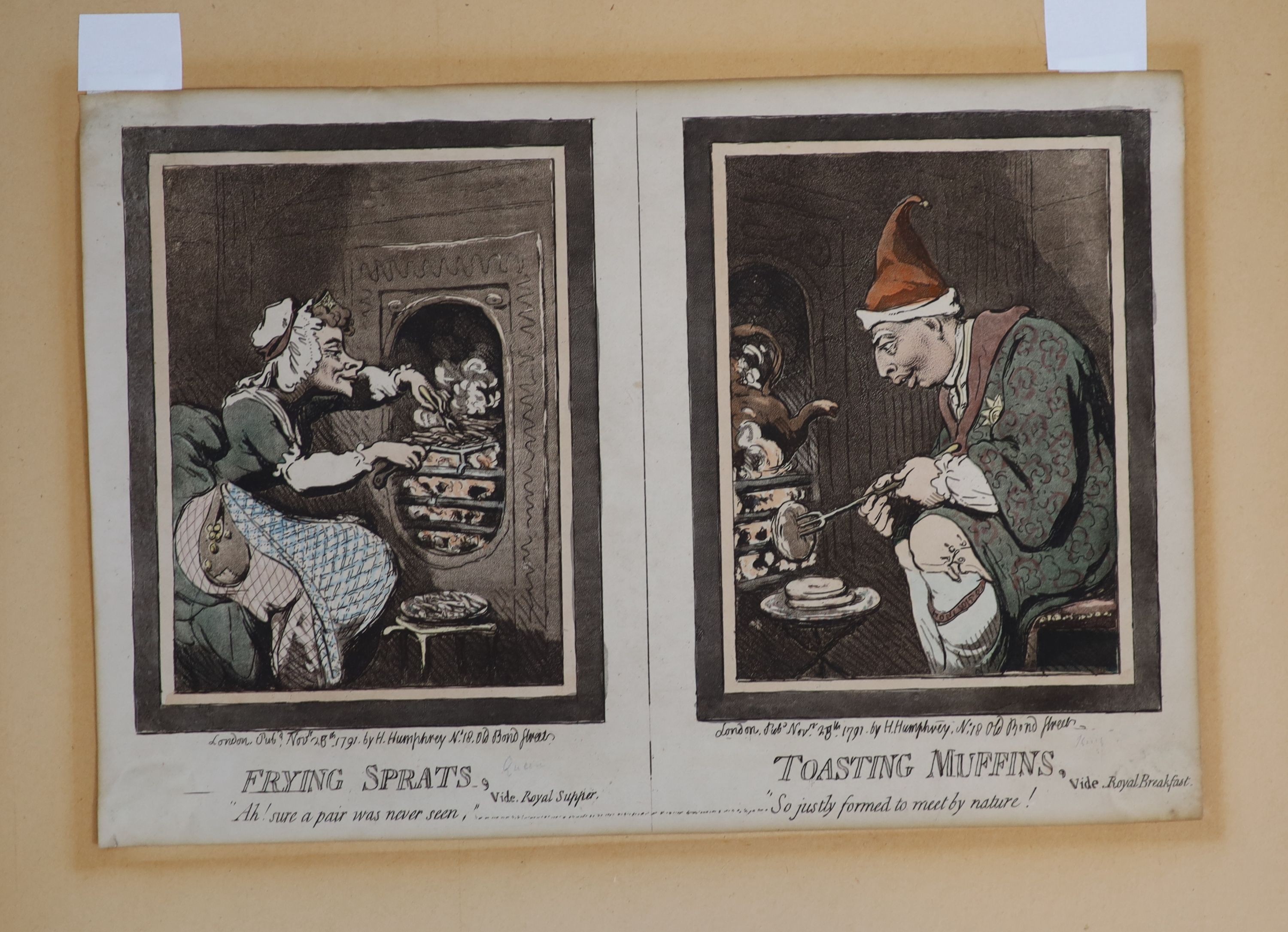 James Gillray (1757-1815), New Morality, The Bishop of A Tun’s Breeches, Making Decent, Frying Sprats/Toasting Muffins, The King of Brobdingnag, Charlotte la Corde, The Reception of the Diplomatique, The State Waggoner,